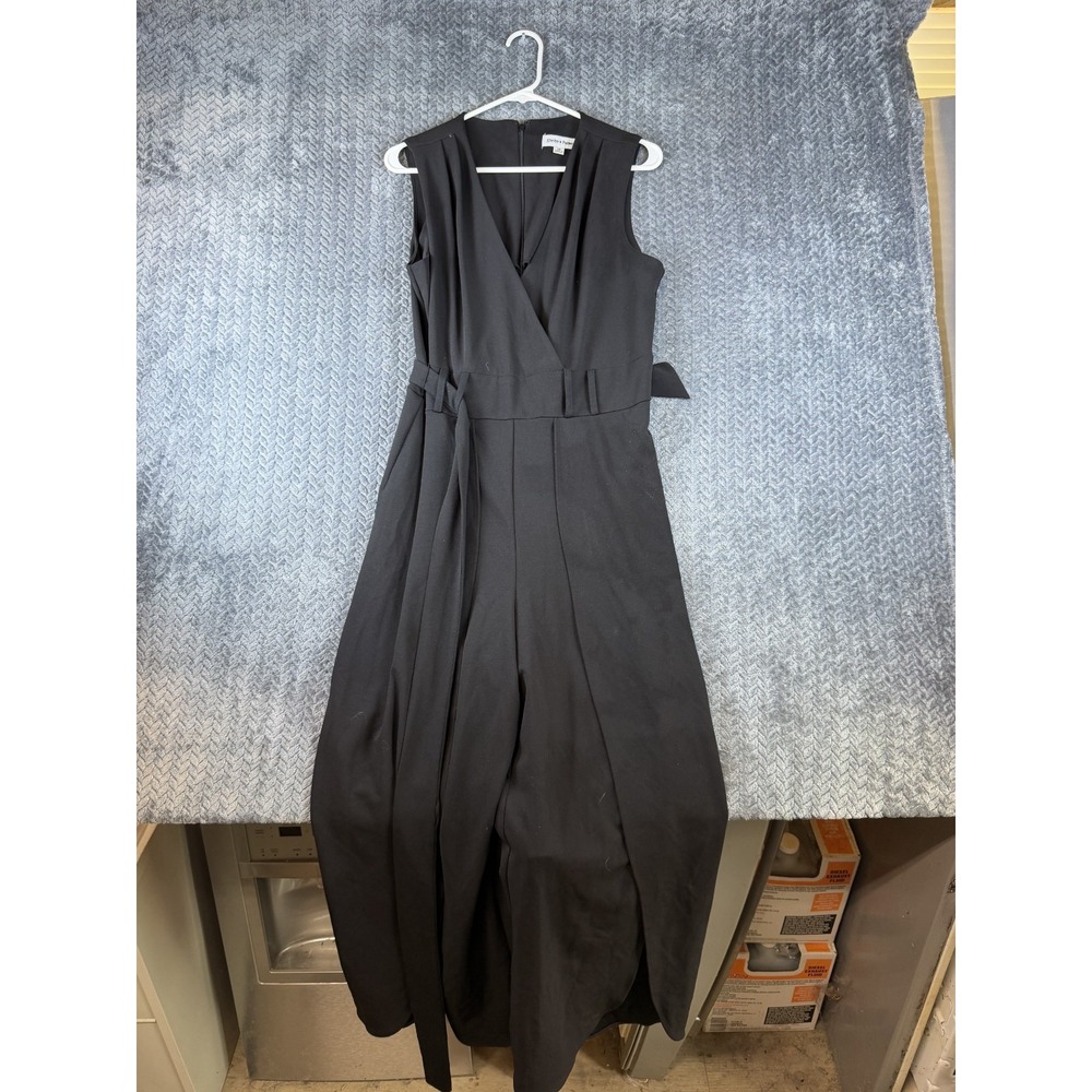 Shelby & Palmer Jumpsuit Womens 14 Black Belted Sleeveless Surplice Wide Leg